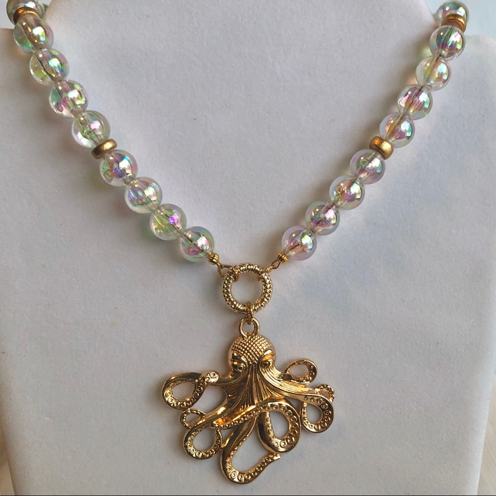 Clear iridescent beaded gold octopus necklace